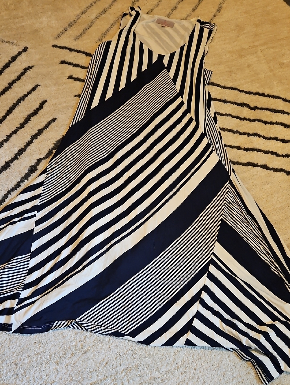 Laurie Felt Navy and White Diagonal Stripe Maxi Dress